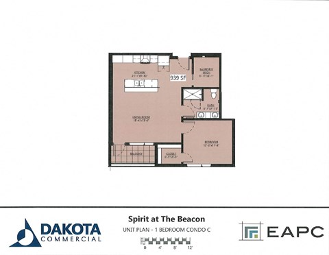 Floor plan for 1 bed, 1 bath, 939 sqft